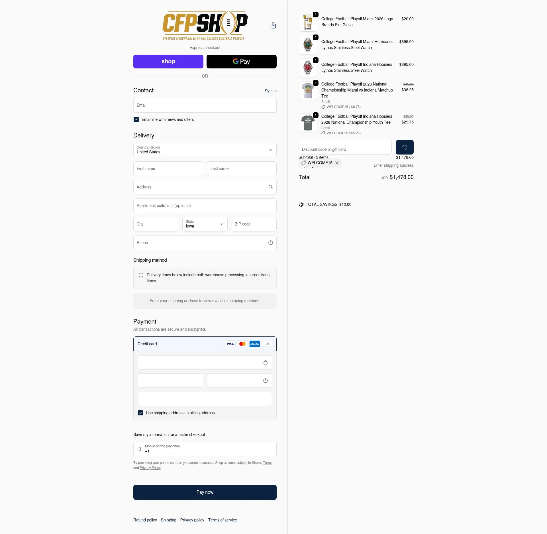 College Football Playoff Shop checkout page showing College Football Playoff Shop promo code box | Screenshot taken by SimplyCodes community member on Feb 6, 2026