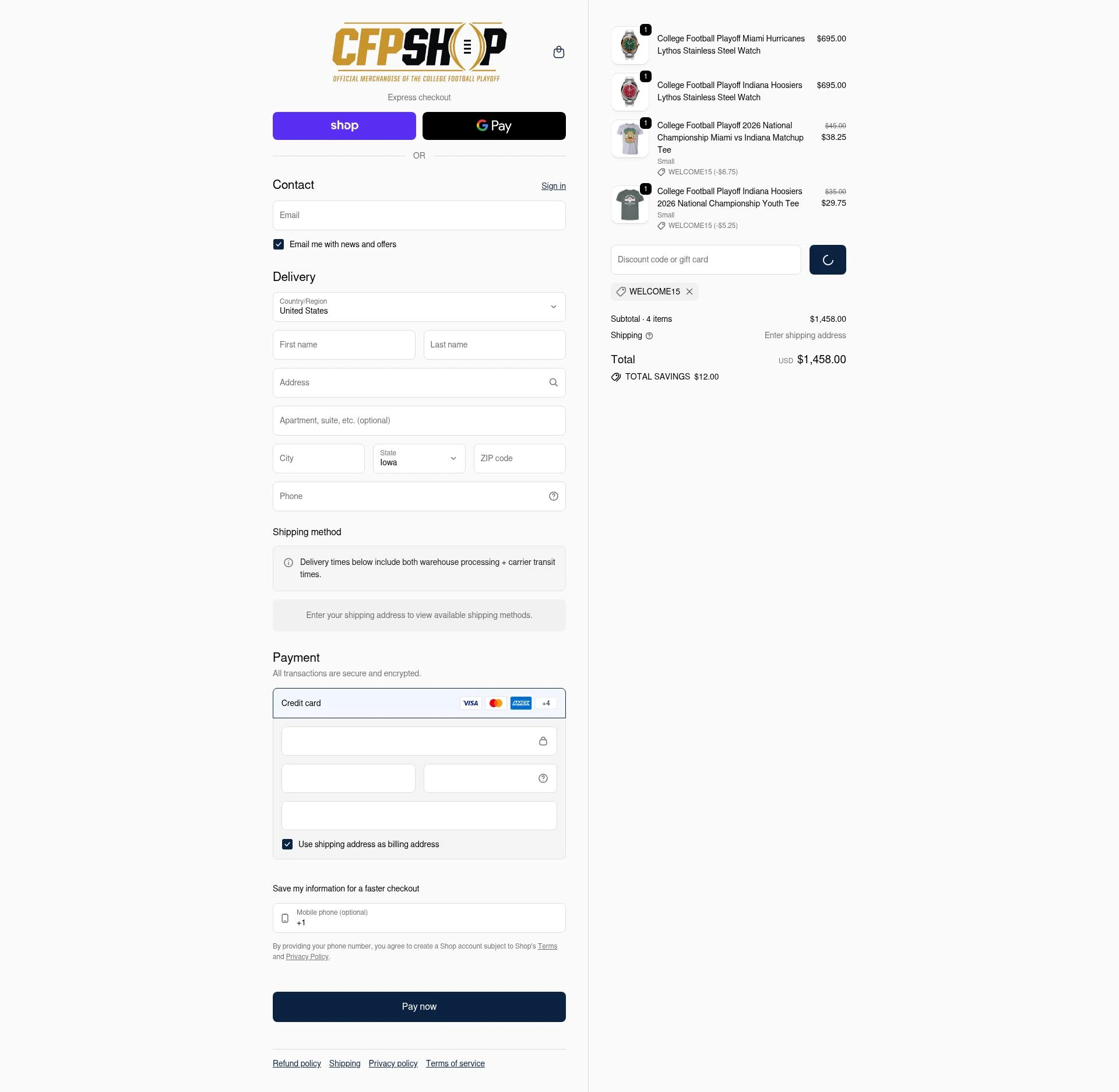 College Football Playoff Shop checkout page showing College Football Playoff Shop promo code box | Screenshot taken by SimplyCodes community member on Feb 15, 2026