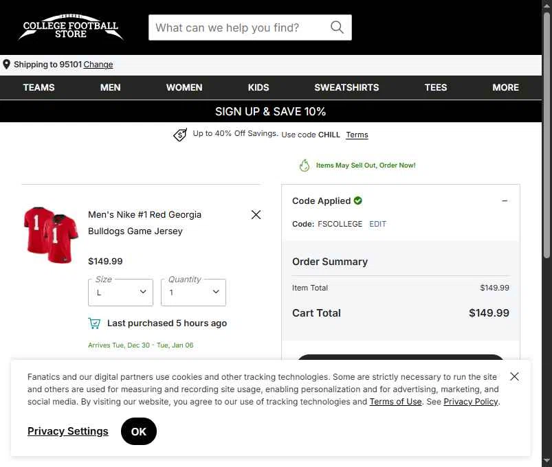 College Football Store checkout page showing College Football Store coupon code box | Screenshot taken by SimplyCodes community member on Dec 23, 2025