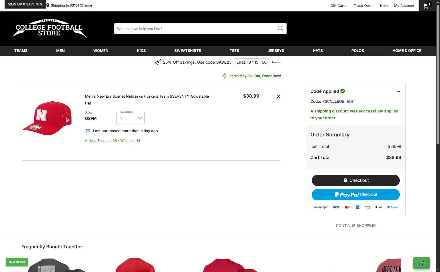 College Football Store checkout page showing College Football Store coupon code box | Screenshot taken by SimplyCodes community member on Jan 3, 2026