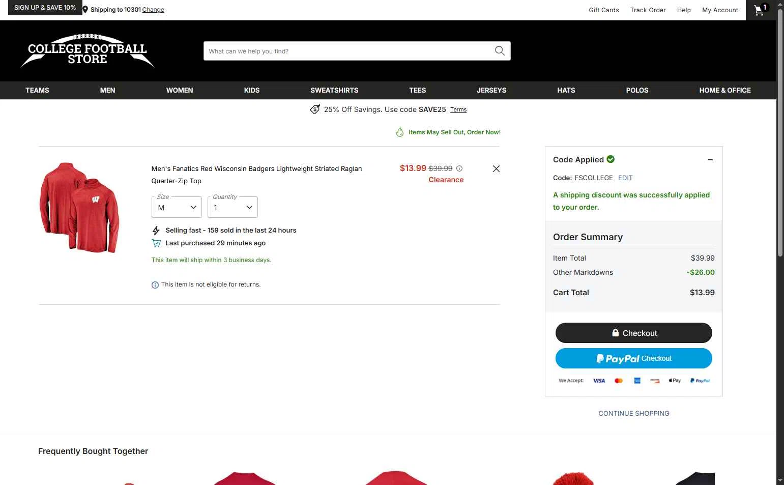 College Football Store checkout page showing College Football Store coupon code box | Screenshot taken by SimplyCodes community member on Dec 2, 2025
