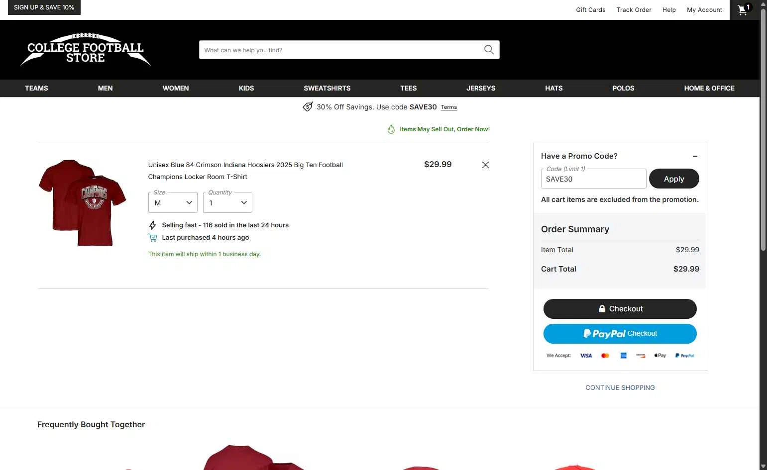 College Football Store checkout page showing College Football Store coupon code box | Screenshot taken by SimplyCodes community member on Dec 18, 2025
