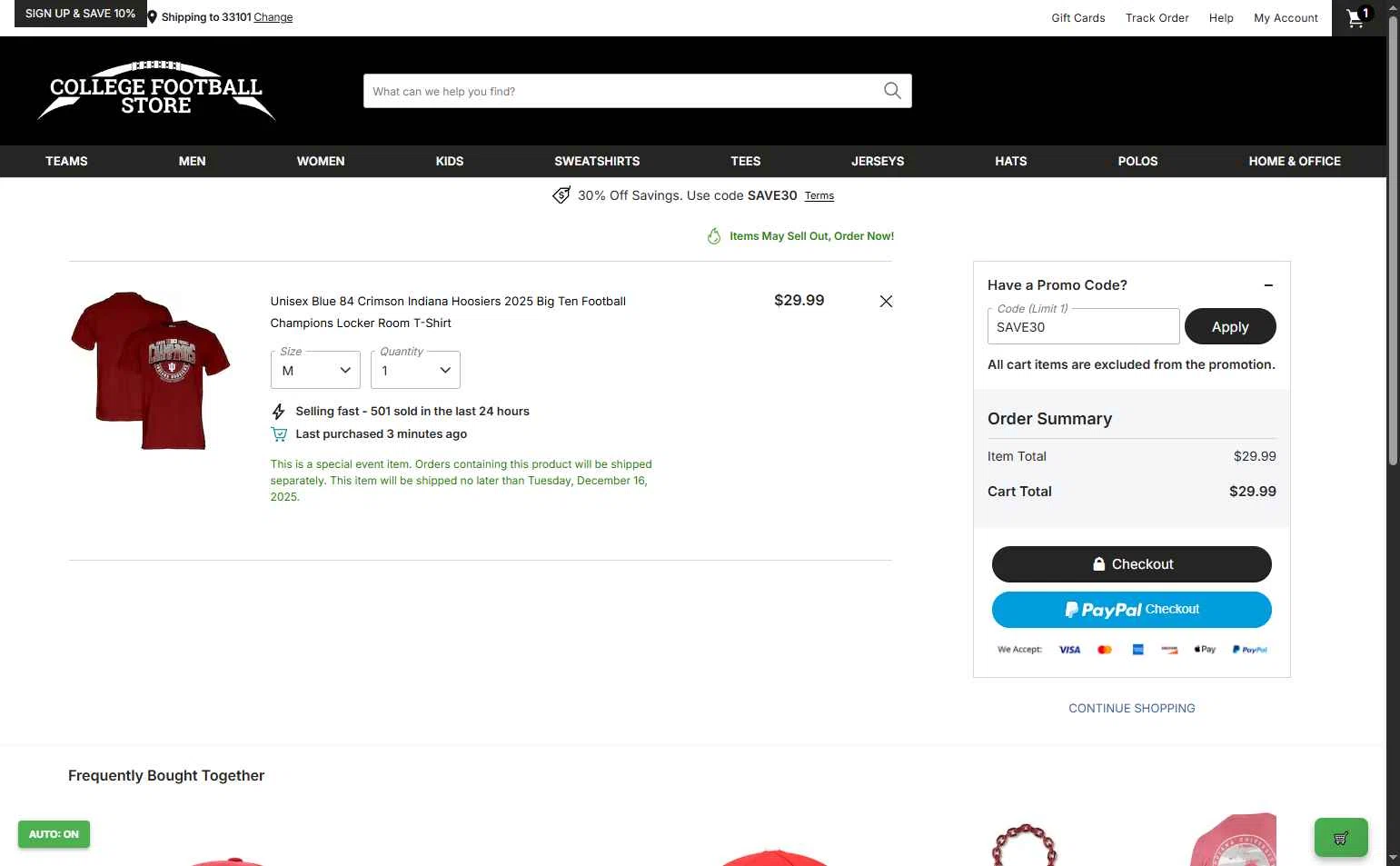 College Football Store checkout page showing College Football Store coupon code box | Screenshot taken by SimplyCodes community member on Dec 12, 2025