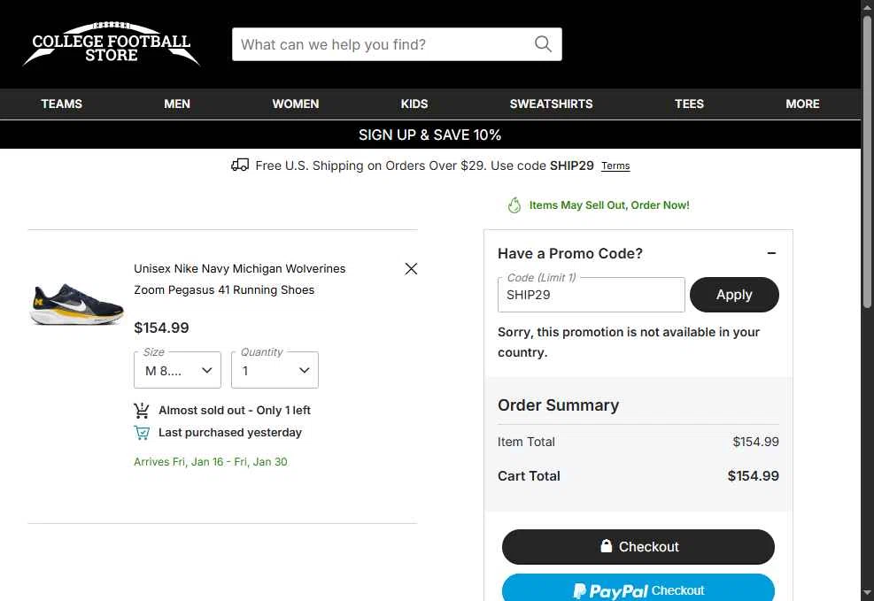 College Football Store checkout page showing College Football Store coupon code box | Screenshot taken by SimplyCodes community member on Jan 1, 2026