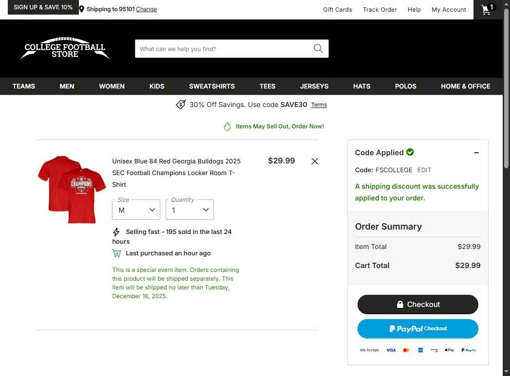 College Football Store checkout page showing College Football Store coupon code box | Screenshot taken by SimplyCodes community member on Dec 13, 2025