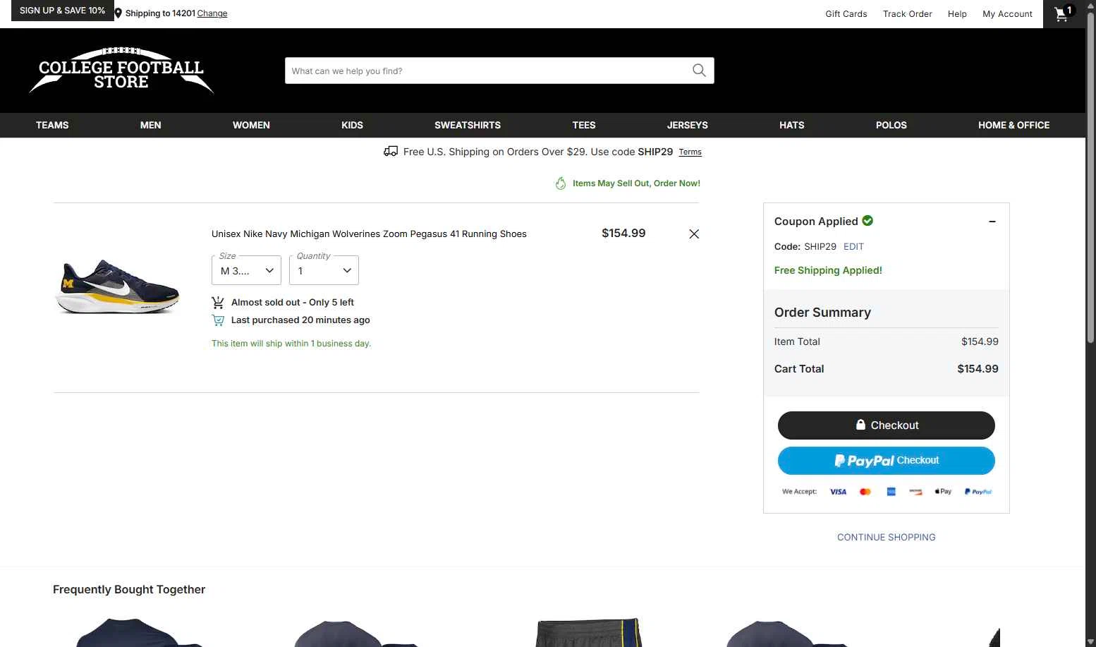 College Football Store checkout page showing College Football Store coupon code box | Screenshot taken by SimplyCodes community member on Nov 20, 2025