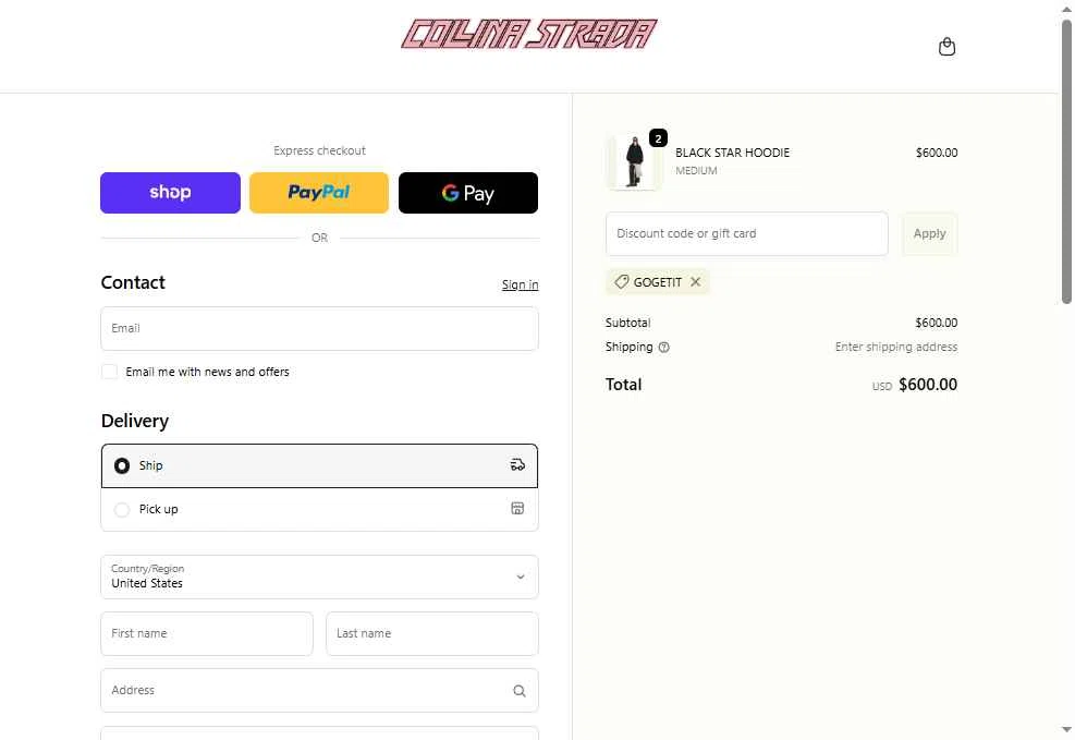 Collina Strada checkout page showing Collina Strada discount code box | Screenshot taken by SimplyCodes community member on Dec 17, 2025