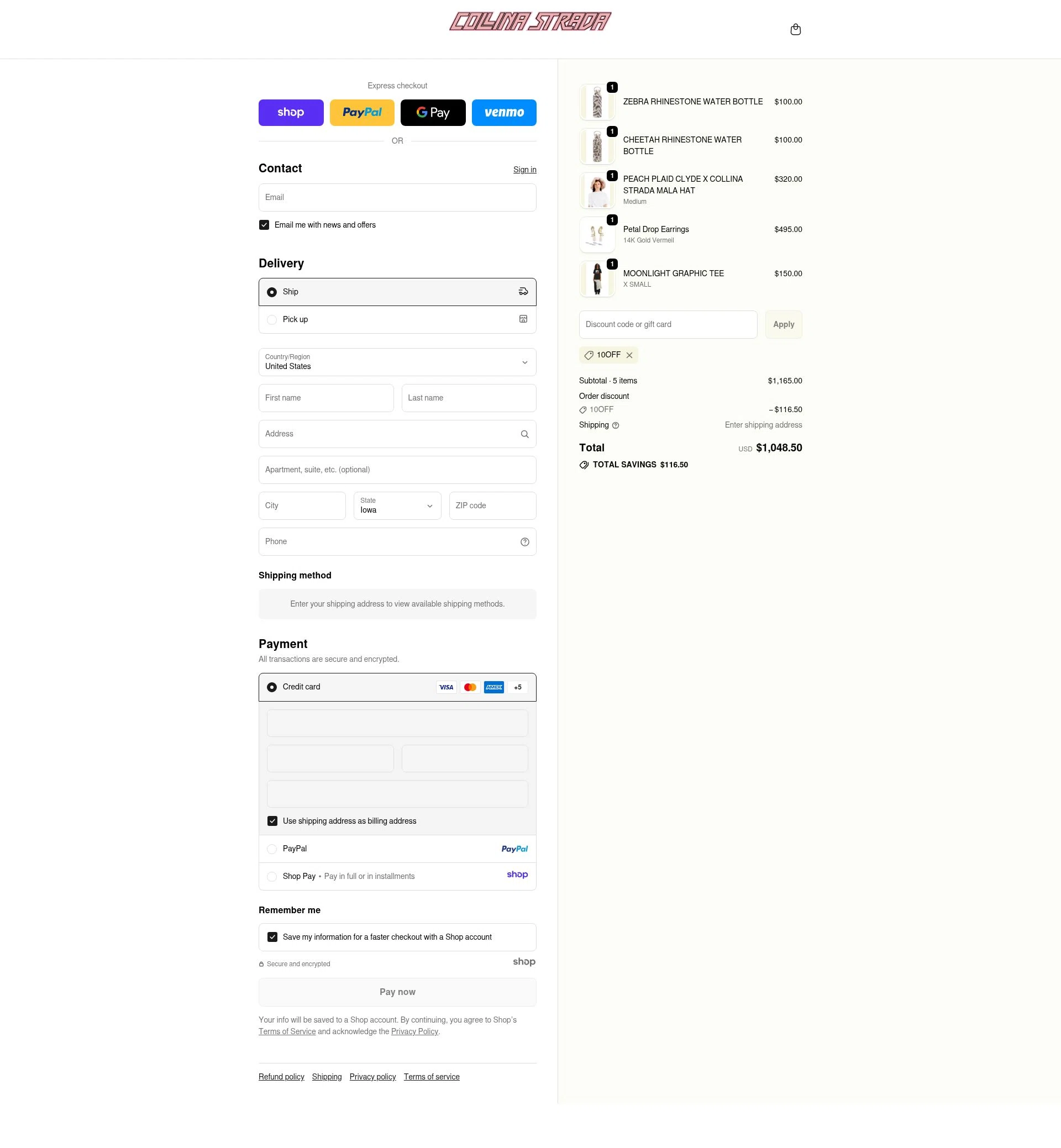 Collina Strada checkout page showing Collina Strada discount code box | Screenshot taken by SimplyCodes community member on Dec 2, 2025