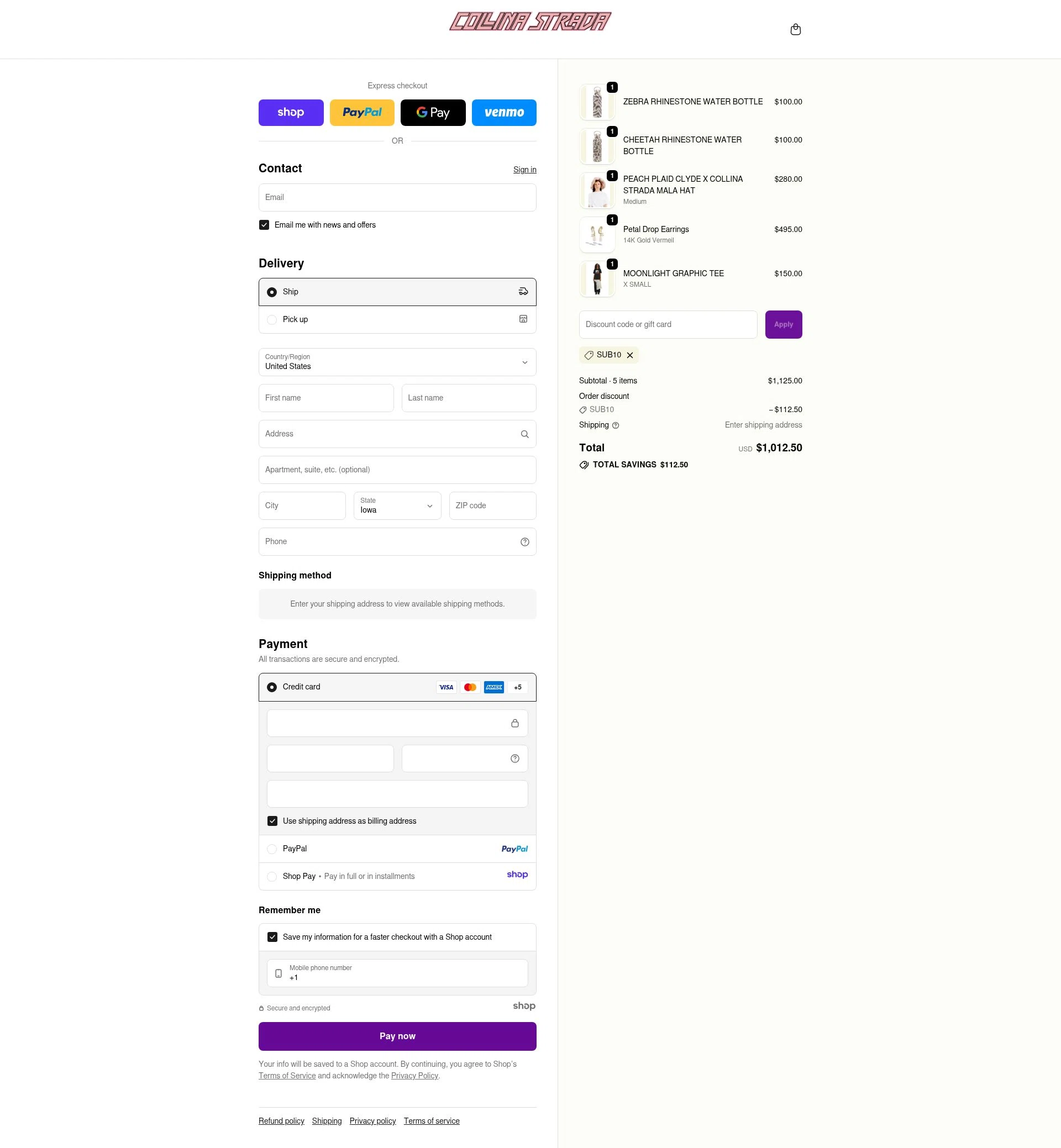 Collina Strada checkout page showing Collina Strada discount code box | Screenshot taken by SimplyCodes community member on Dec 8, 2025