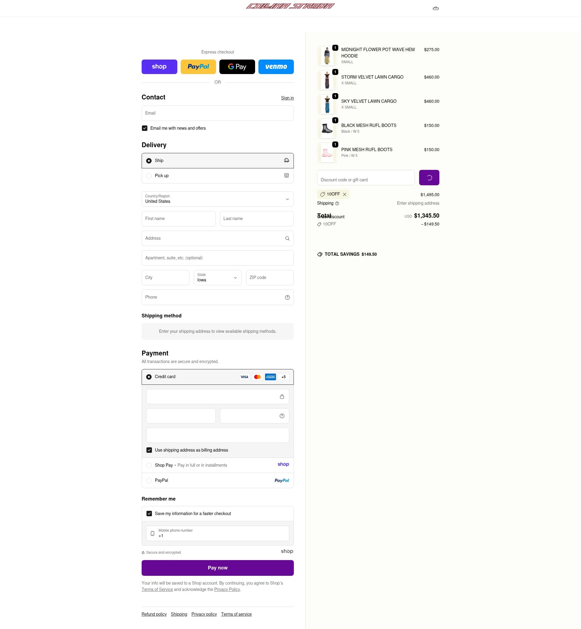 Collina Strada checkout page showing Collina Strada discount code box | Screenshot taken by SimplyCodes community member on Dec 20, 2025