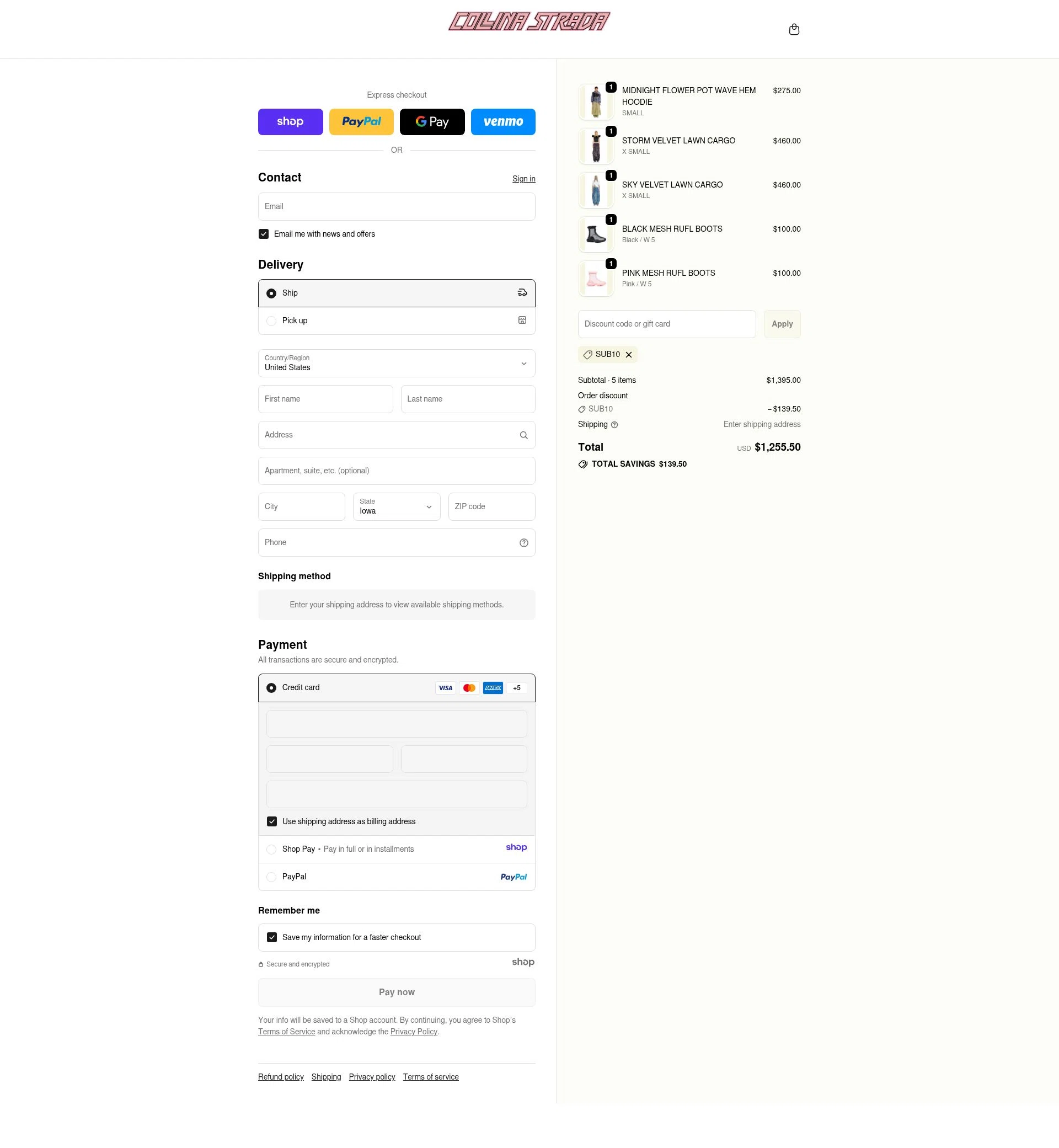 Collina Strada checkout page showing Collina Strada discount code box | Screenshot taken by SimplyCodes community member on Dec 31, 2025