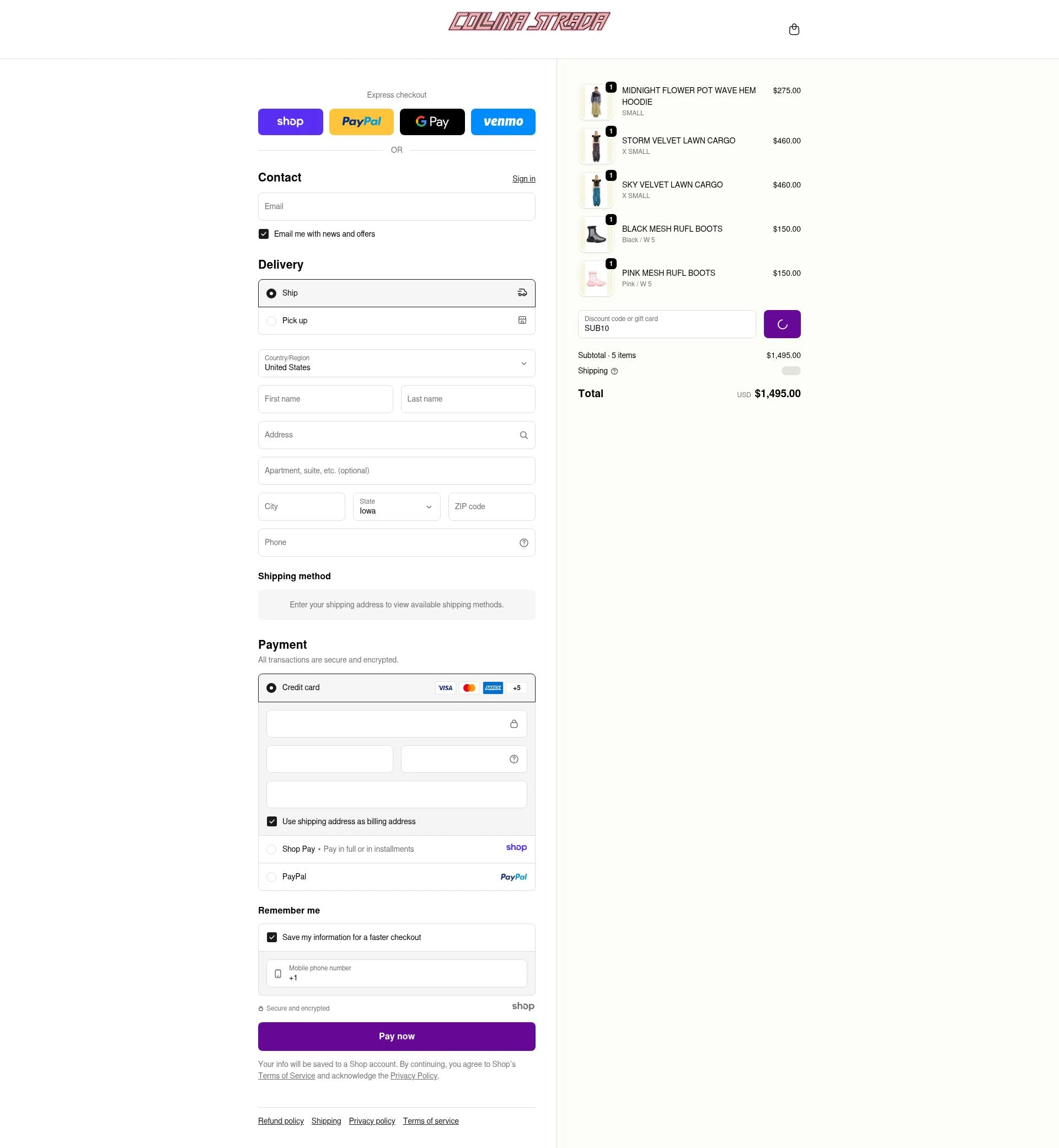 Collina Strada checkout page showing Collina Strada discount code box | Screenshot taken by SimplyCodes community member on Dec 20, 2025