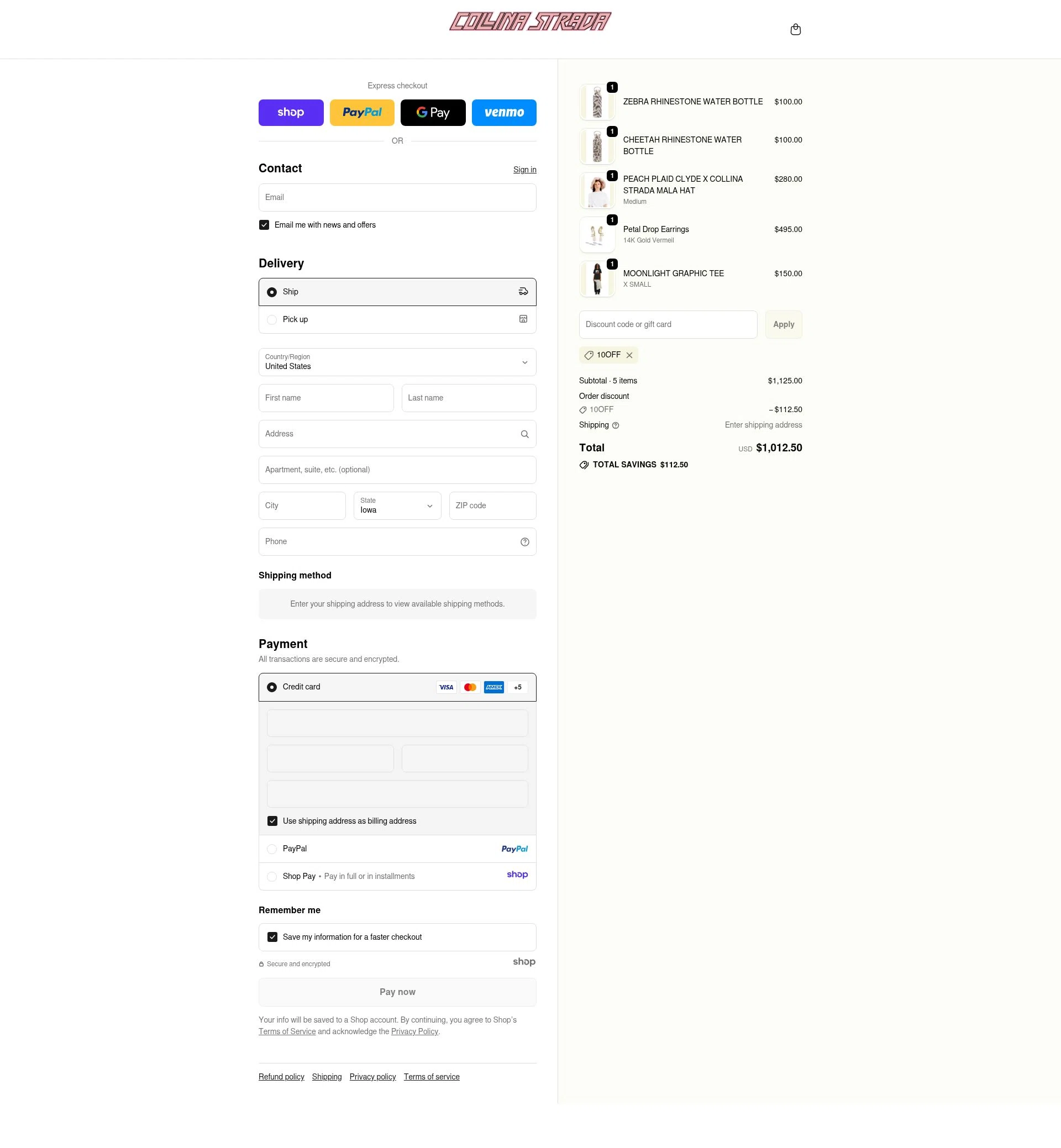 Collina Strada checkout page showing Collina Strada discount code box | Screenshot taken by SimplyCodes community member on Dec 13, 2025