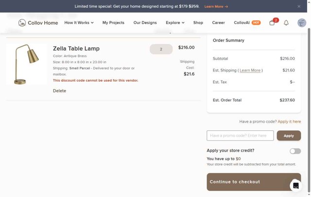 Collov checkout page showing Collov promo code box | Screenshot taken by SimplyCodes community member on Jul 28, 2025
