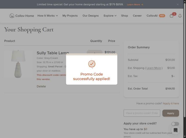Collov checkout page showing Collov promo code box | Screenshot taken by SimplyCodes community member on Sep 3, 2025