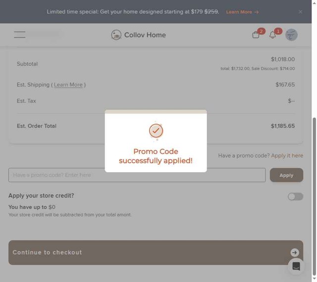 Collov checkout page showing Collov promo code box | Screenshot taken by SimplyCodes community member on Aug 8, 2025