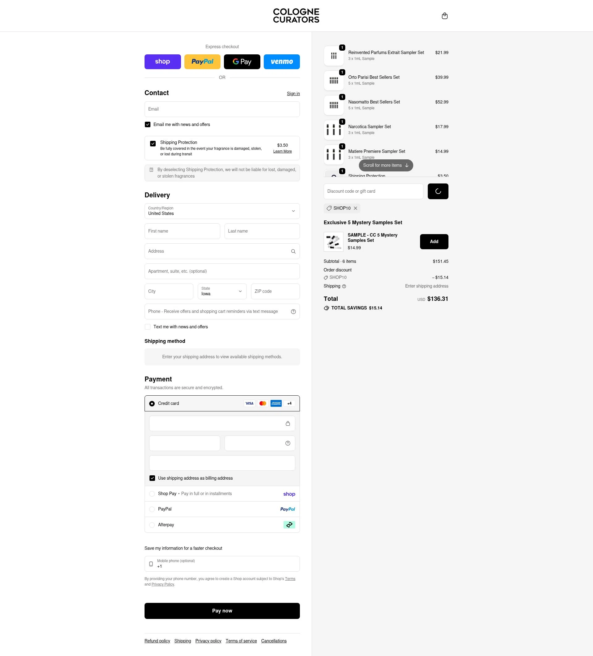 colognecurators checkout page showing colognecurators discount code box | Screenshot taken by SimplyCodes community member on Feb 18, 2026