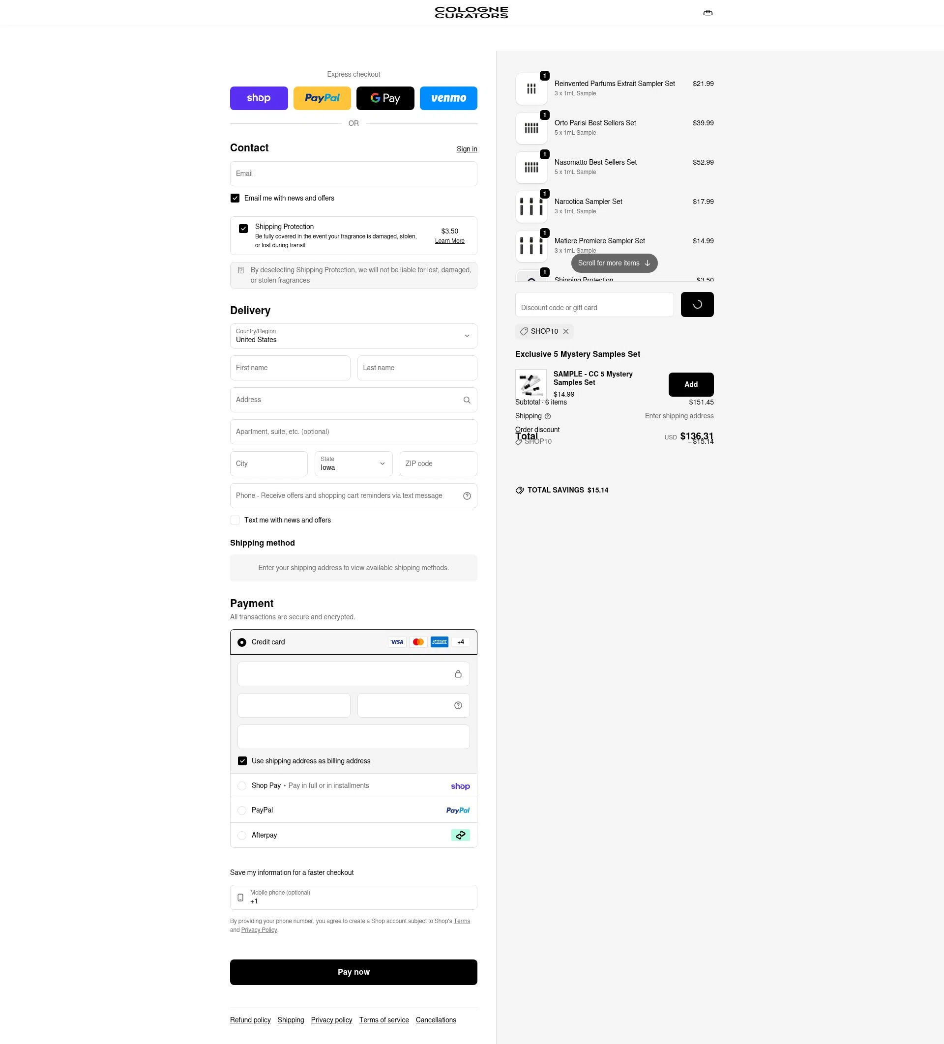 colognecurators checkout page showing colognecurators discount code box | Screenshot taken by SimplyCodes community member on Feb 5, 2026