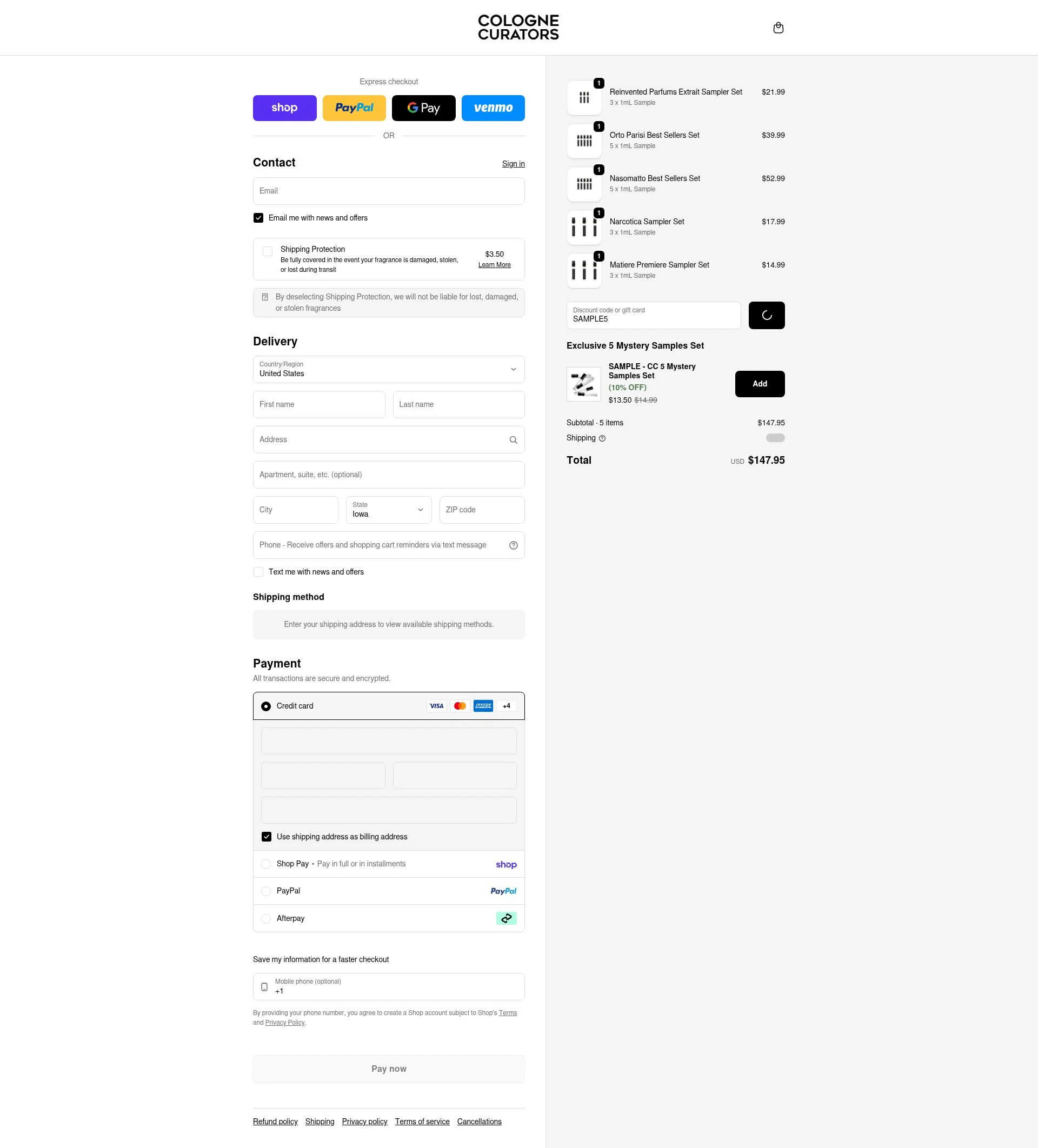 colognecurators checkout page showing colognecurators discount code box | Screenshot taken by SimplyCodes community member on Feb 18, 2026