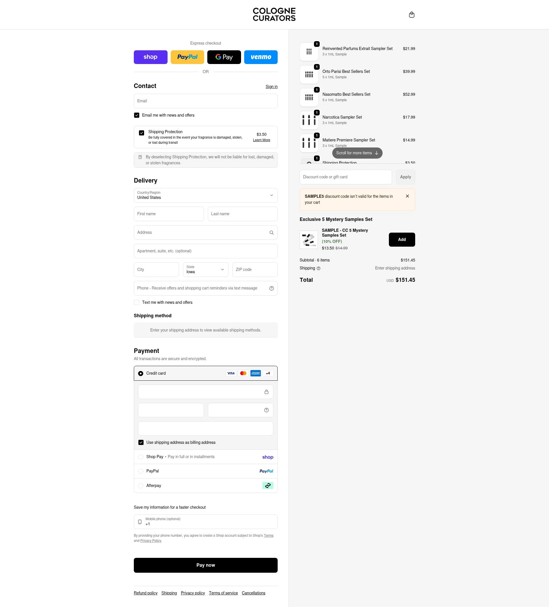 colognecurators checkout page showing colognecurators discount code box | Screenshot taken by SimplyCodes community member on Feb 5, 2026