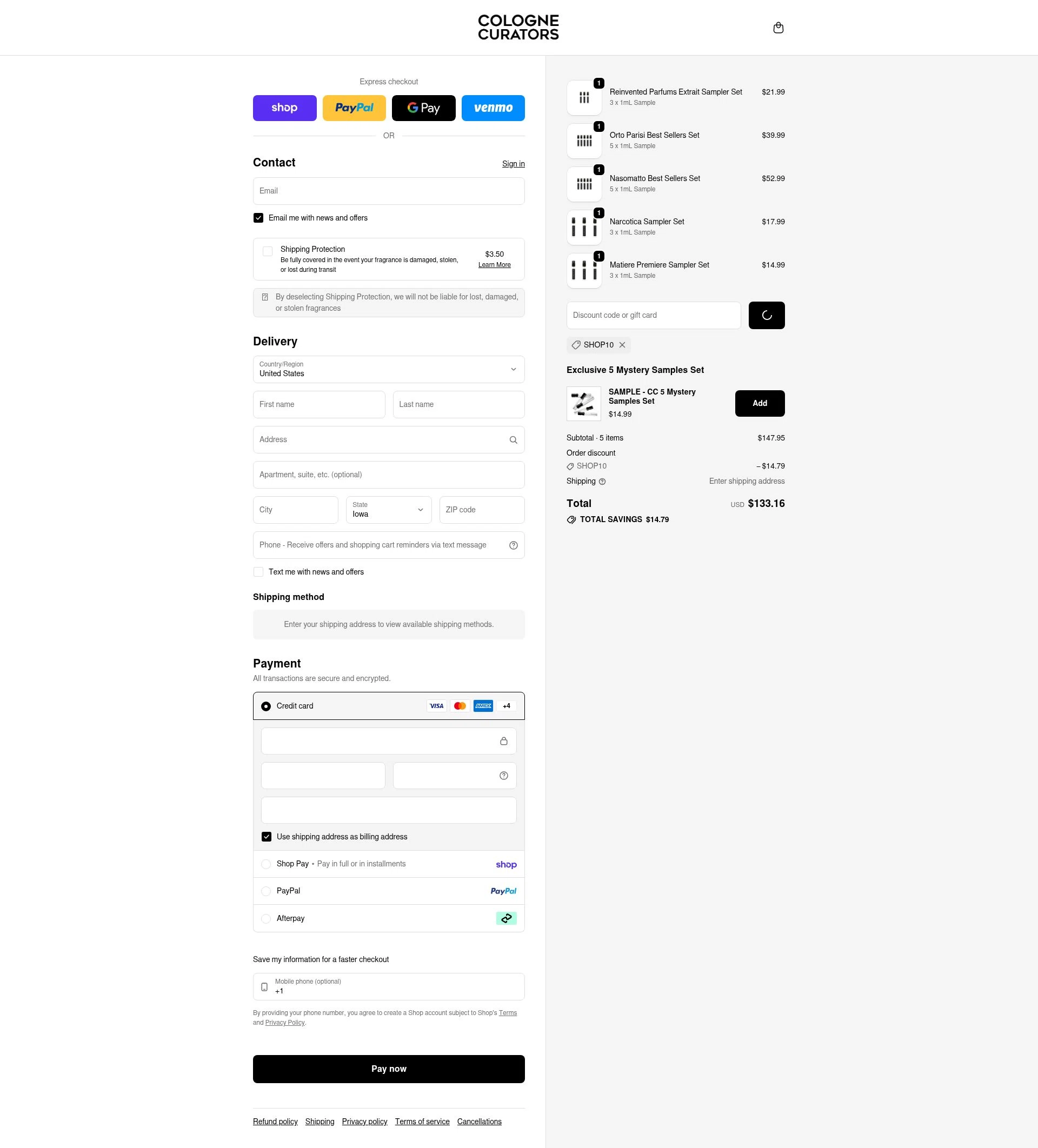 colognecurators checkout page showing colognecurators discount code box | Screenshot taken by SimplyCodes community member on Feb 23, 2026