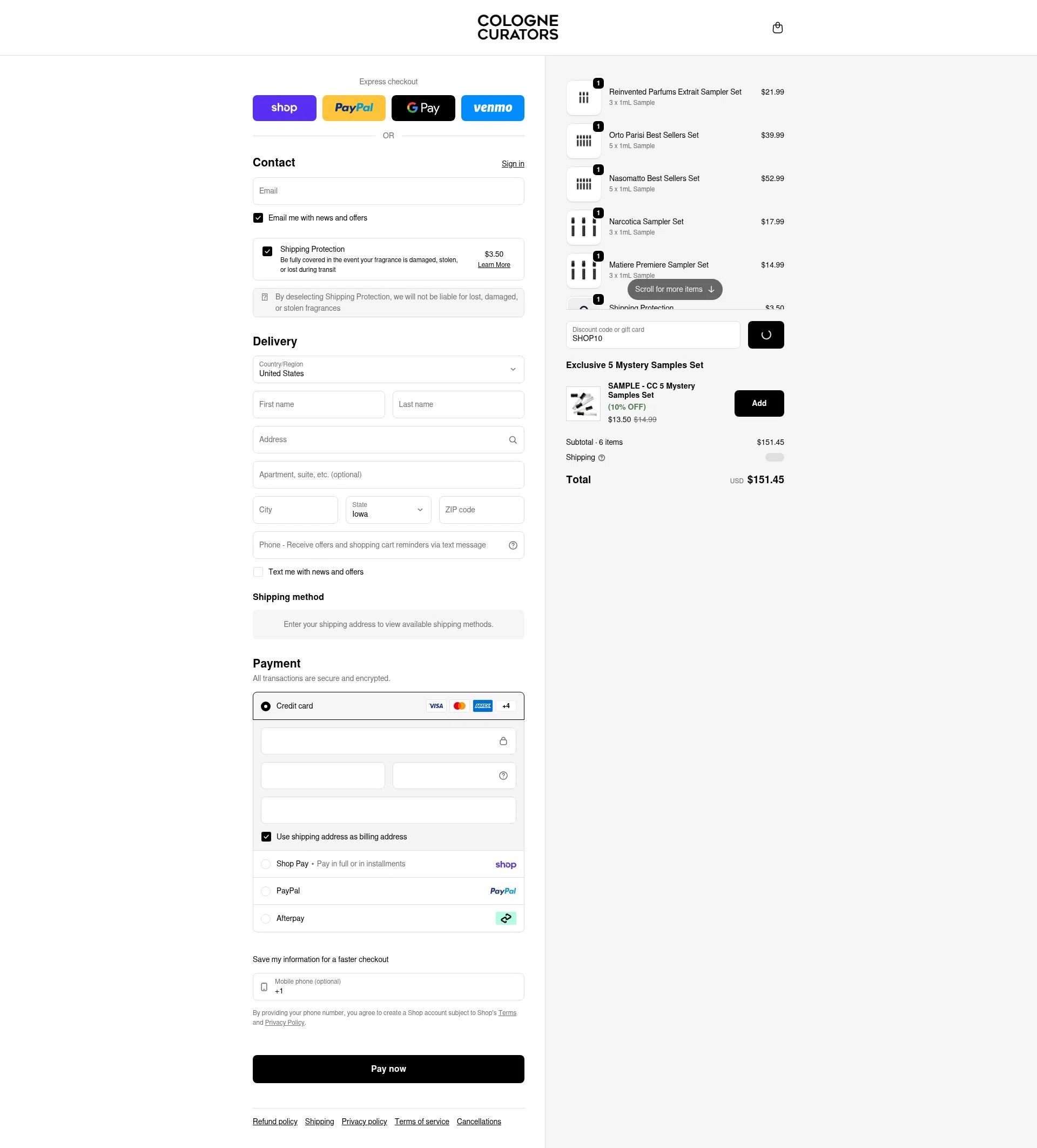 colognecurators checkout page showing colognecurators discount code box | Screenshot taken by SimplyCodes community member on Feb 14, 2026