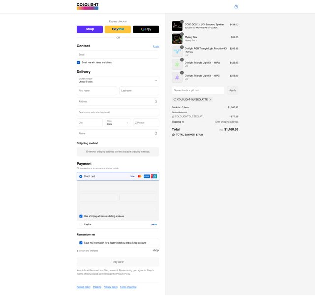 Cololight checkout page showing Cololight discount code box | Screenshot taken by SimplyCodes community member on Sep 7, 2025