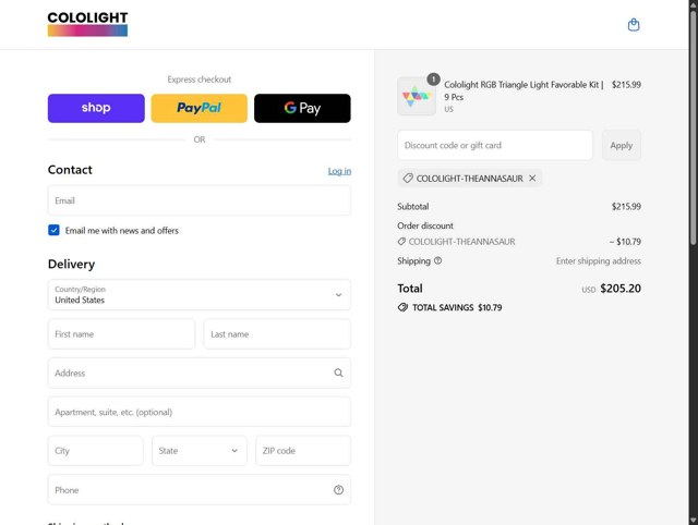 Cololight checkout page showing Cololight discount code box | Screenshot taken by SimplyCodes community member on Sep 7, 2025