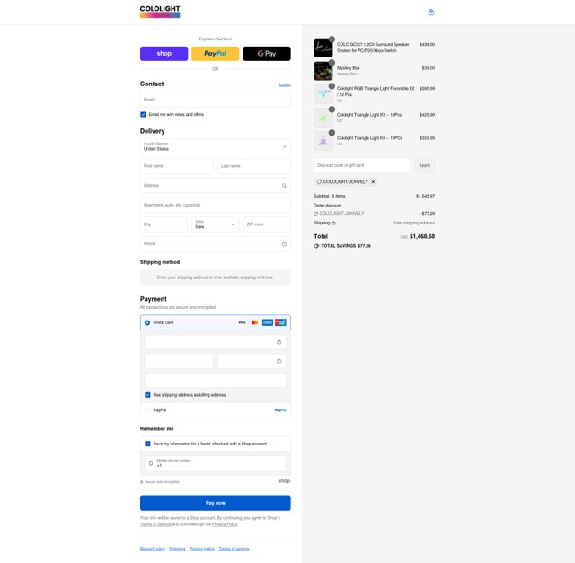 Cololight checkout page showing Cololight discount code box | Screenshot taken by SimplyCodes community member on Sep 7, 2025
