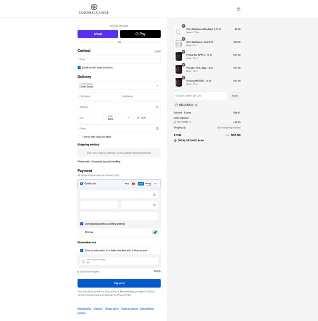 Colonial Candle checkout page showing Colonial Candle discount code box | Screenshot taken by SimplyCodes community member on Aug 31, 2025