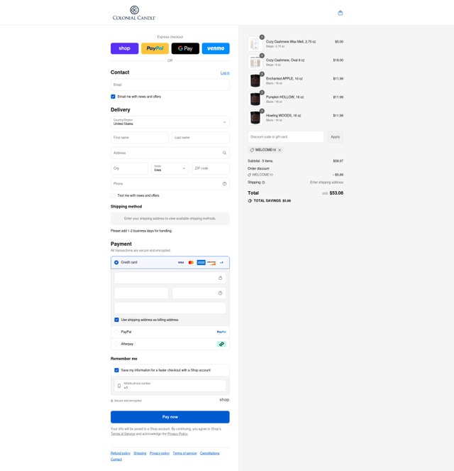 Colonial Candle checkout page showing Colonial Candle discount code box | Screenshot taken by SimplyCodes community member on Sep 4, 2025