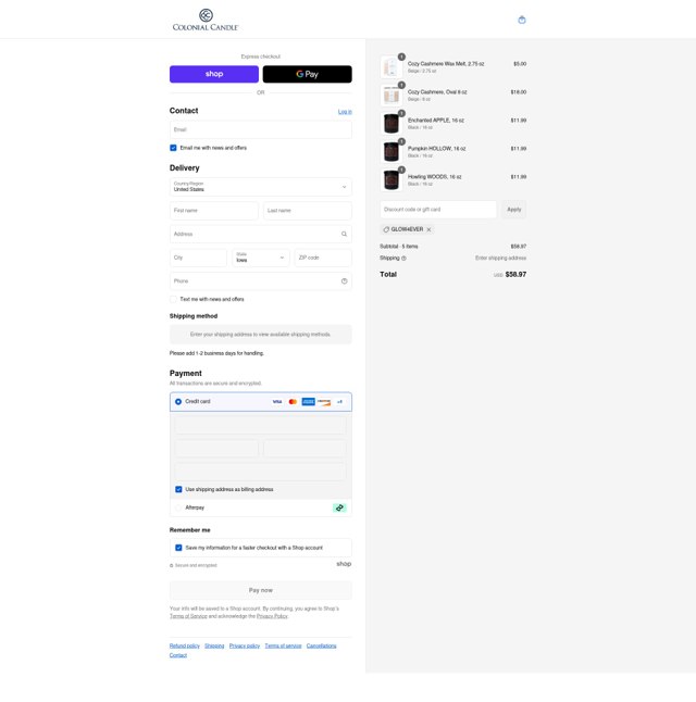 Colonial Candle checkout page showing Colonial Candle discount code box | Screenshot taken by SimplyCodes community member on Aug 31, 2025