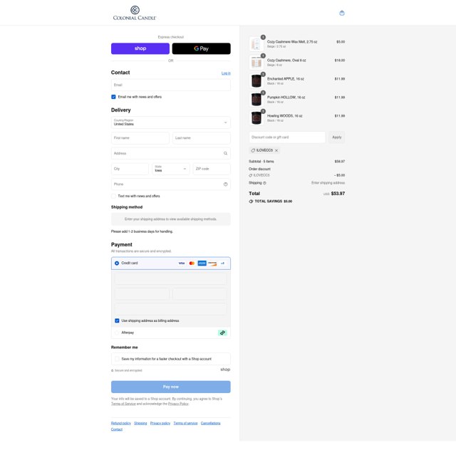 Colonial Candle checkout page showing Colonial Candle discount code box | Screenshot taken by SimplyCodes community member on Aug 31, 2025