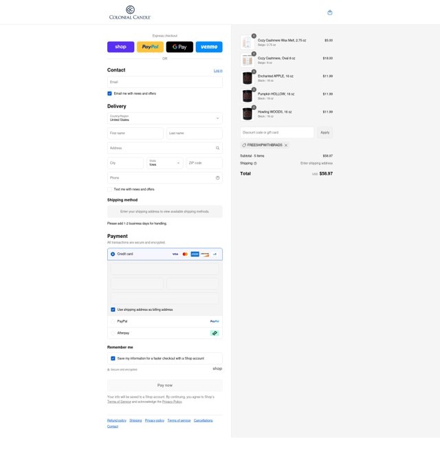 Colonial Candle checkout page showing Colonial Candle discount code box | Screenshot taken by SimplyCodes community member on Sep 4, 2025
