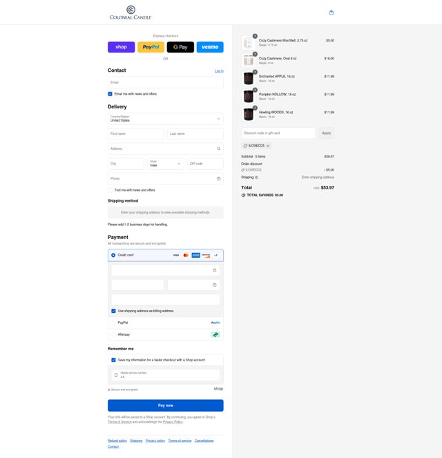 Colonial Candle checkout page showing Colonial Candle discount code box | Screenshot taken by SimplyCodes community member on Sep 4, 2025