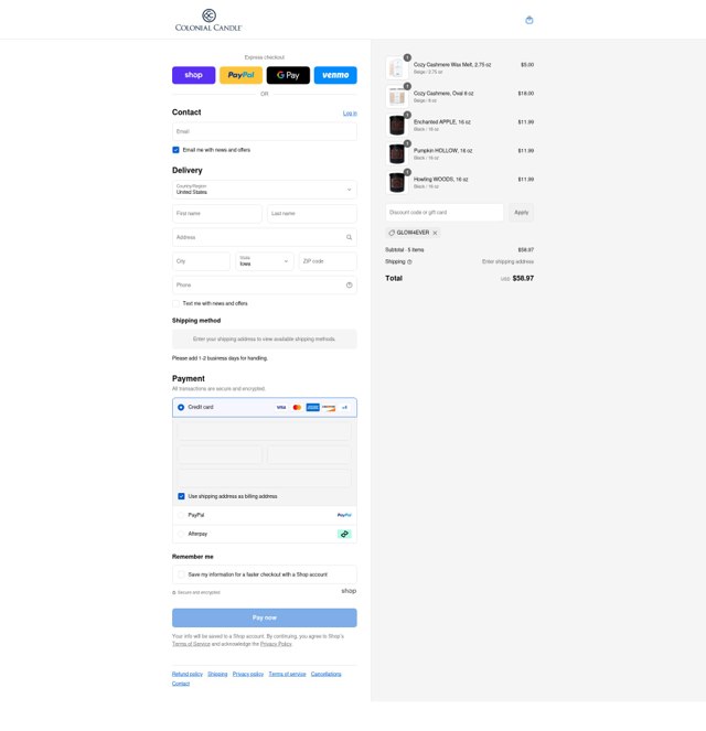 Colonial Candle checkout page showing Colonial Candle discount code box | Screenshot taken by SimplyCodes community member on Sep 4, 2025