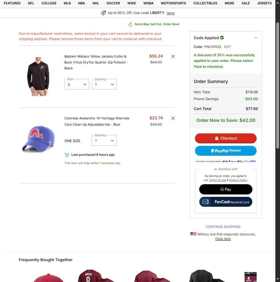 Colorado Avalanche checkout page showing Colorado Avalanche promo code box | Screenshot taken by SimplyCodes community member on Feb 14, 2026