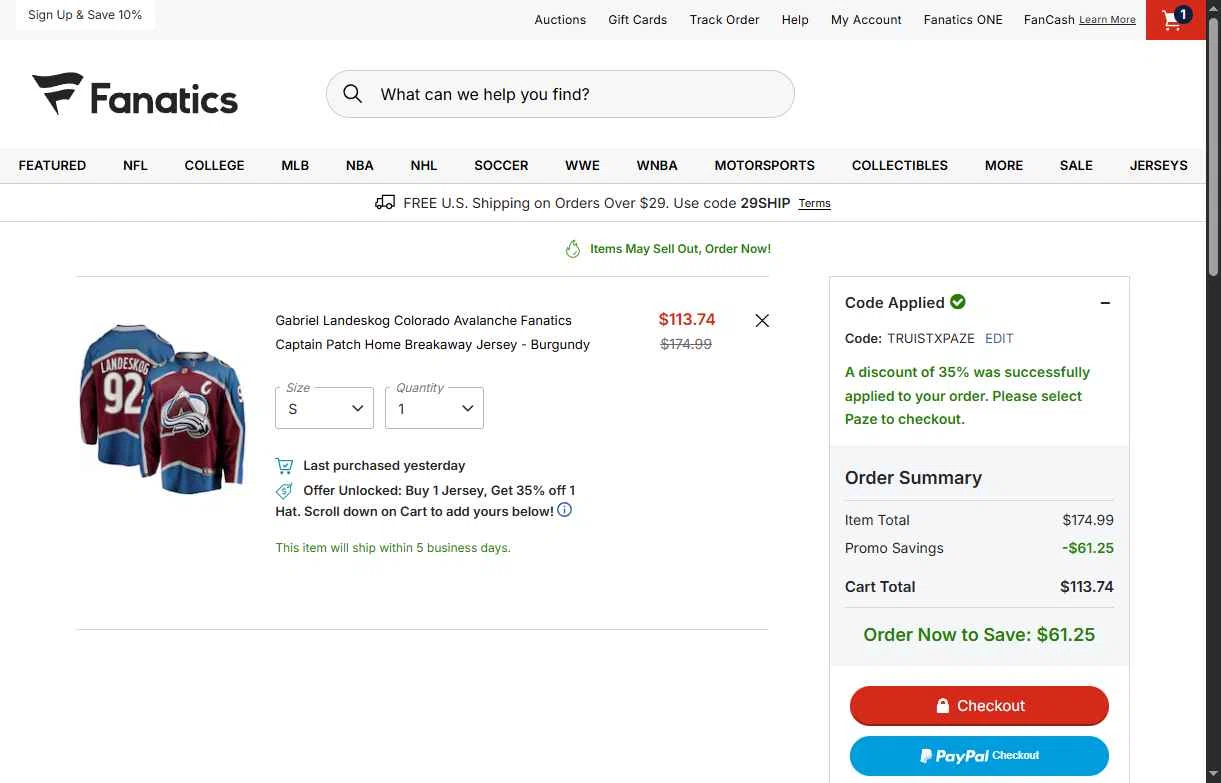 Colorado Avalanche checkout page showing Colorado Avalanche promo code box | Screenshot taken by SimplyCodes community member on Feb 8, 2026