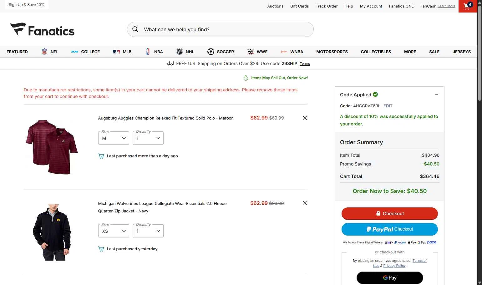 Colorado Avalanche checkout page showing Colorado Avalanche promo code box | Screenshot taken by SimplyCodes community member on Jan 22, 2026