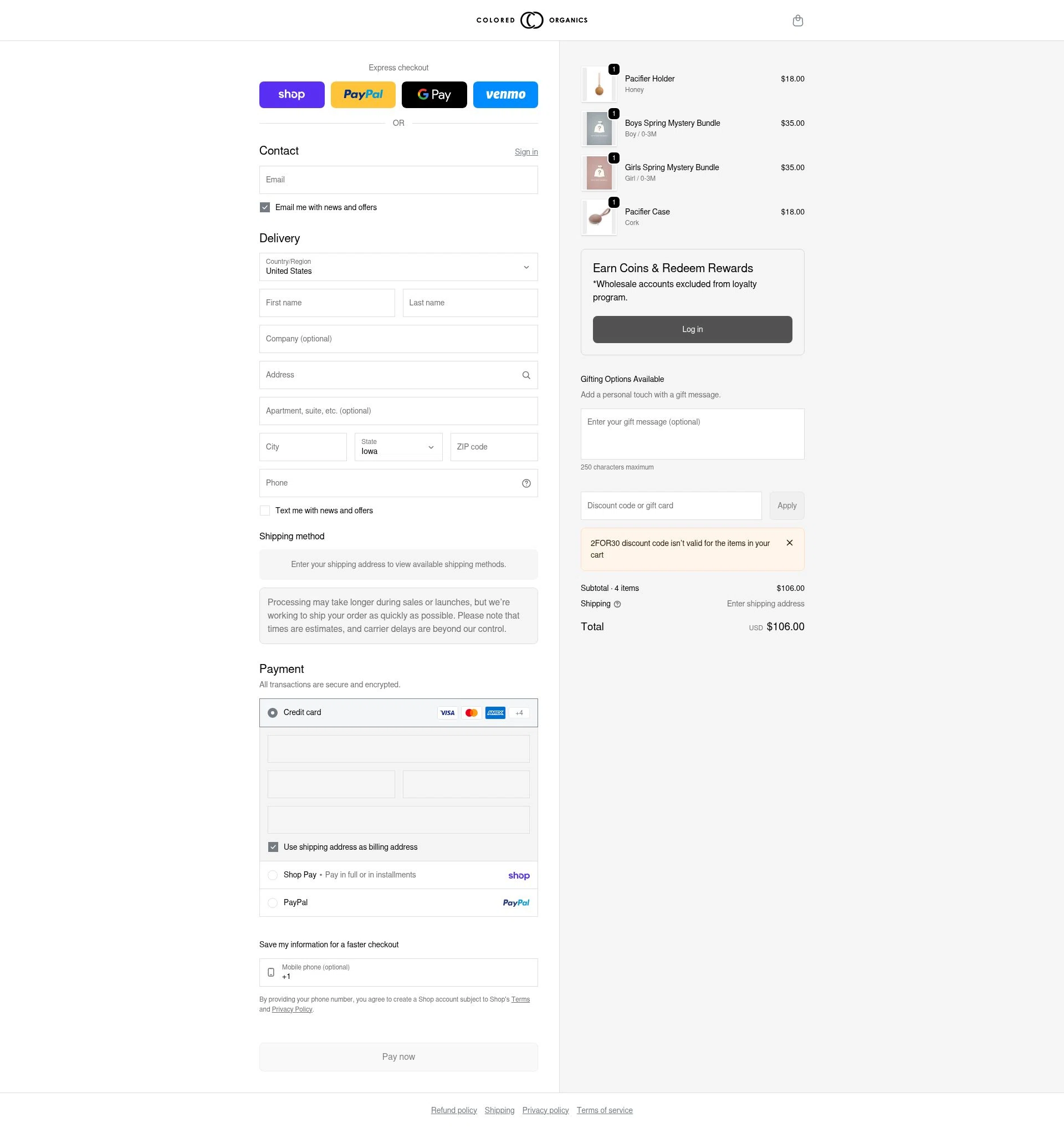 Colored Organics checkout page showing Colored Organics discount code box | Screenshot taken by SimplyCodes community member on Feb 9, 2026