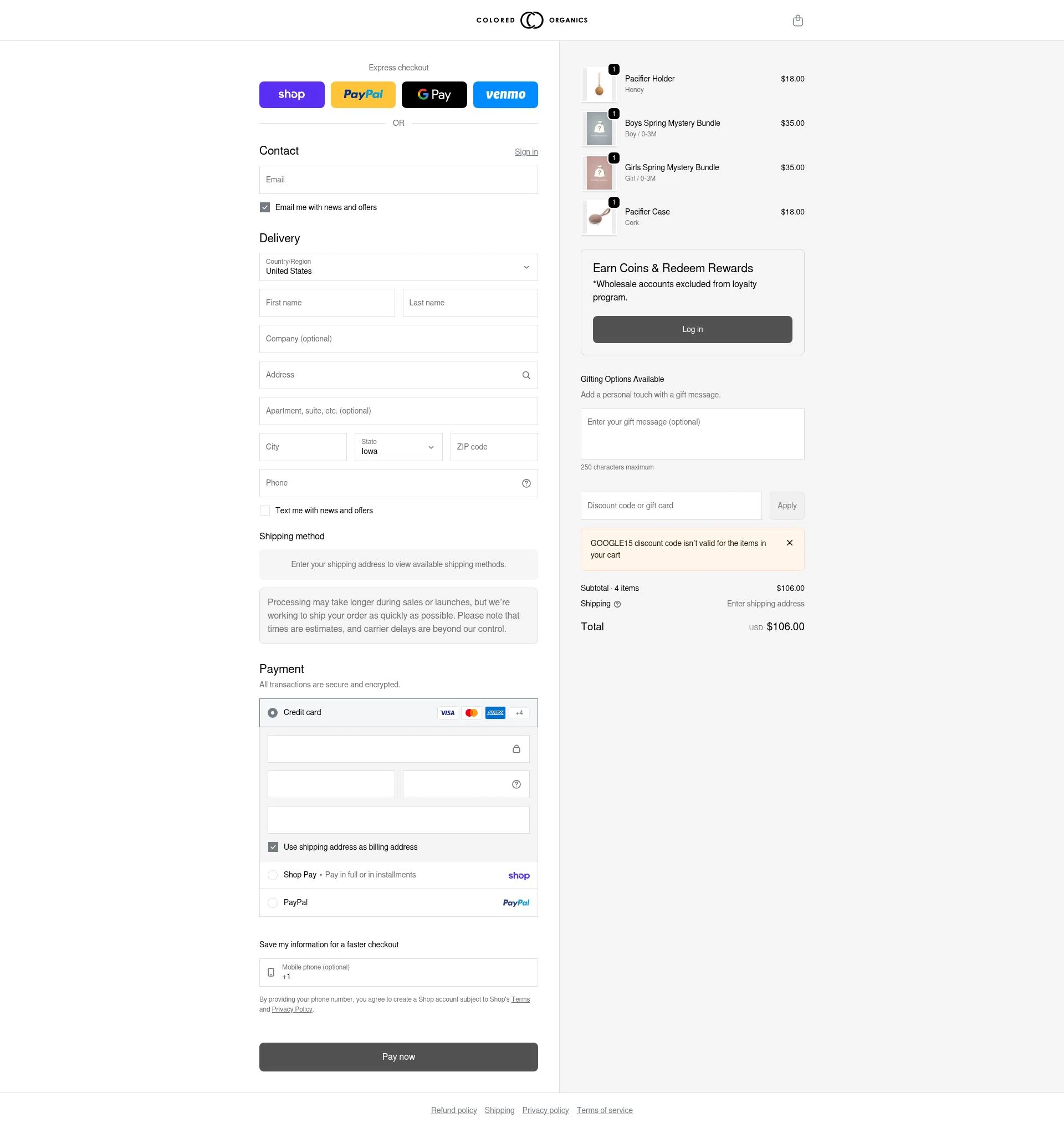Colored Organics checkout page showing Colored Organics discount code box | Screenshot taken by SimplyCodes community member on Feb 9, 2026