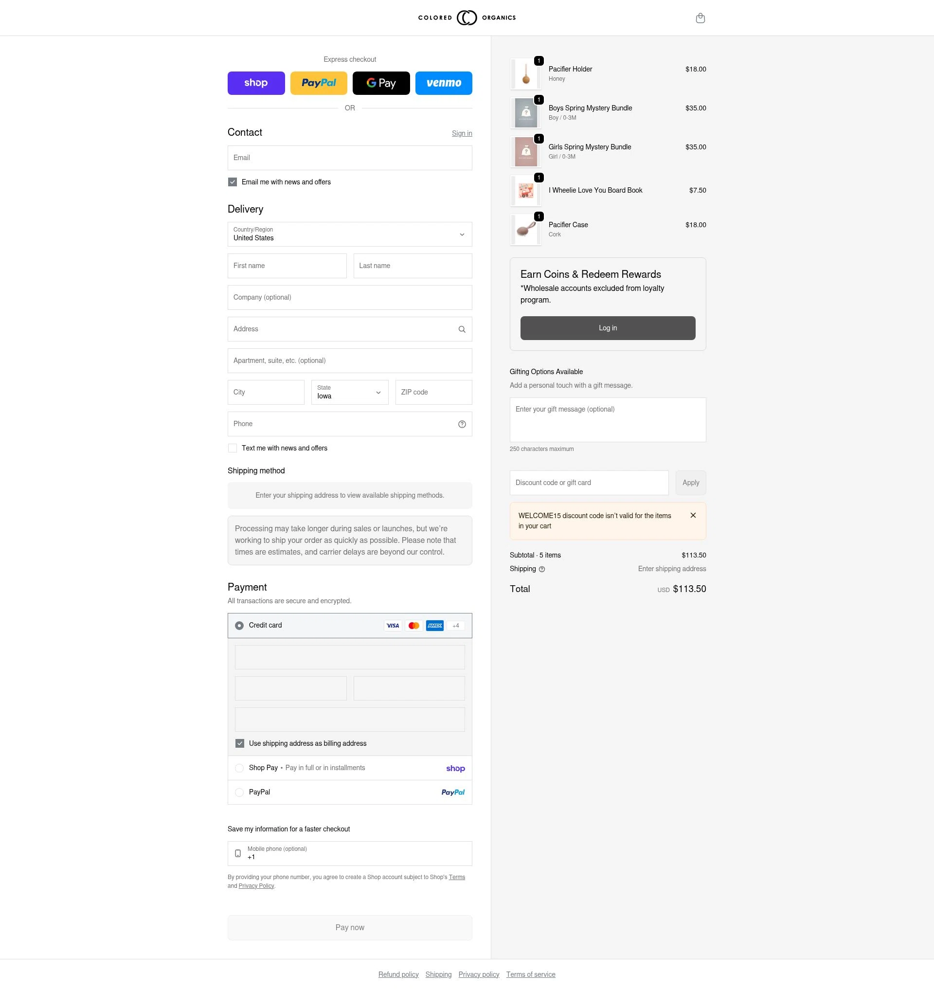 Colored Organics checkout page showing Colored Organics discount code box | Screenshot taken by SimplyCodes community member on Feb 5, 2026