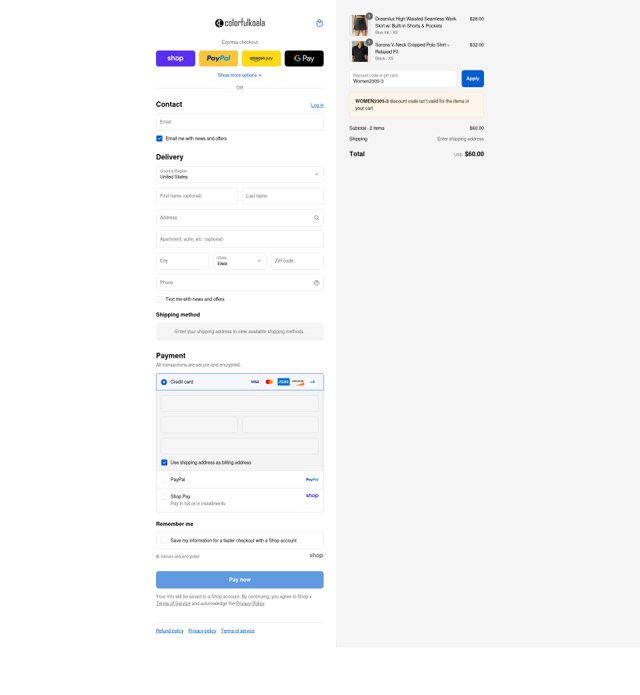 Colorfulkoala checkout page showing Colorfulkoala discount code box | Screenshot taken by SimplyCodes community member on Aug 29, 2025