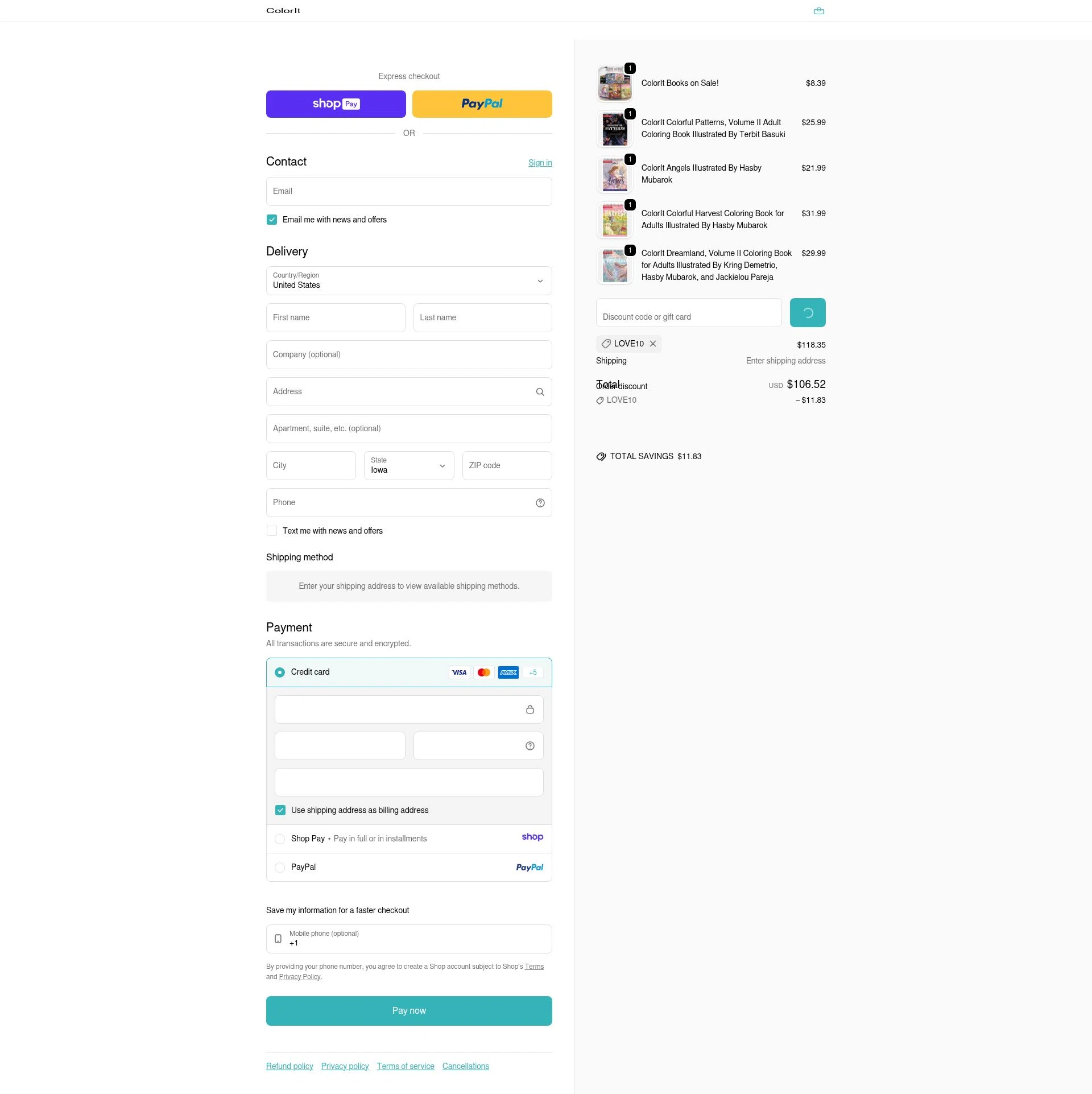 ColorIt checkout page showing ColorIt discount code box | Screenshot taken by SimplyCodes community member on Jan 11, 2026