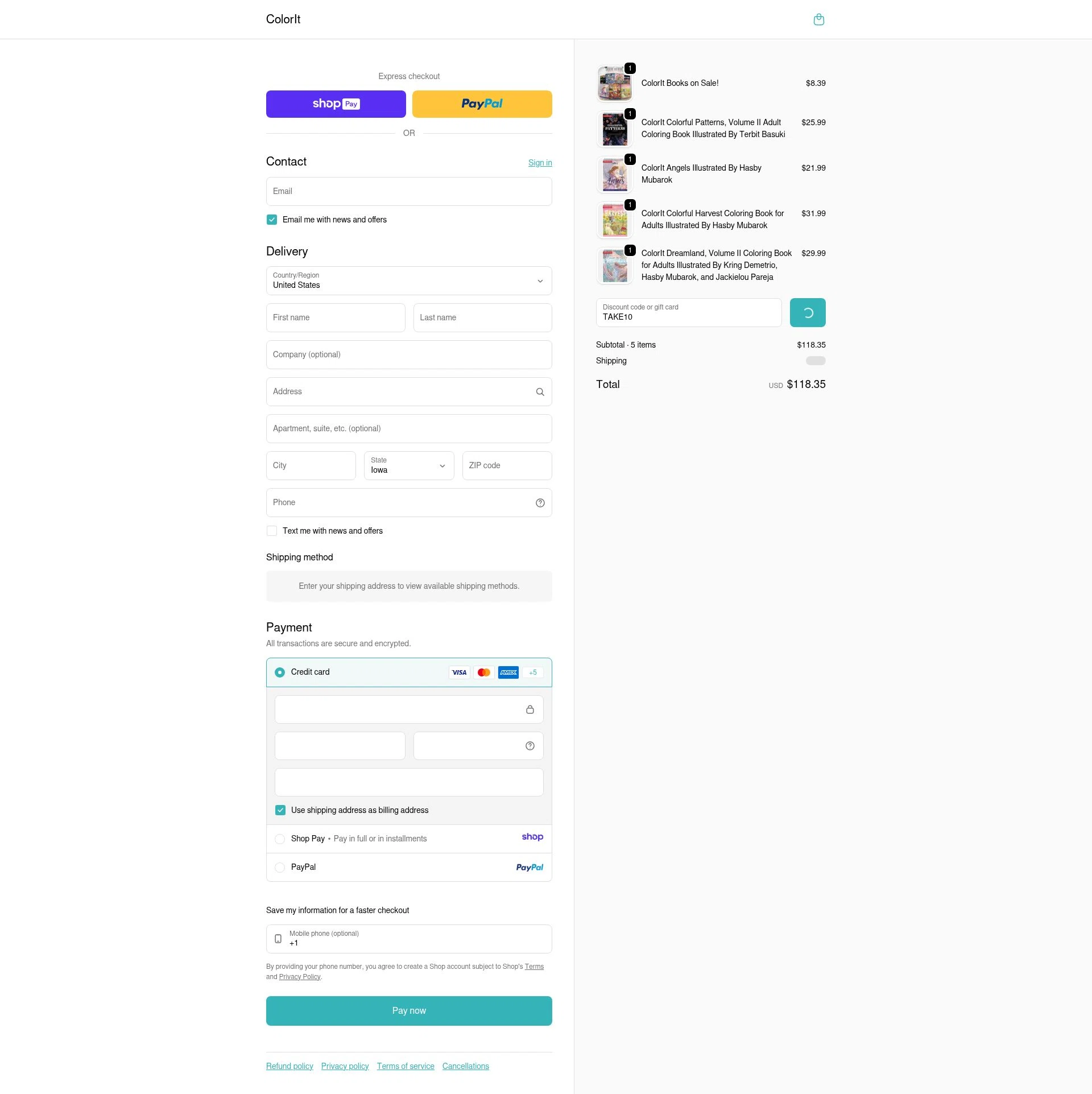 ColorIt checkout page showing ColorIt discount code box | Screenshot taken by SimplyCodes community member on Jan 11, 2026