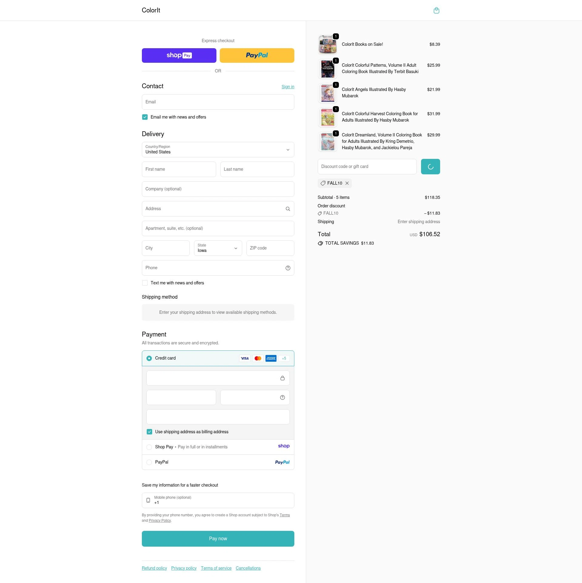 ColorIt checkout page showing ColorIt discount code box | Screenshot taken by SimplyCodes community member on Jan 11, 2026