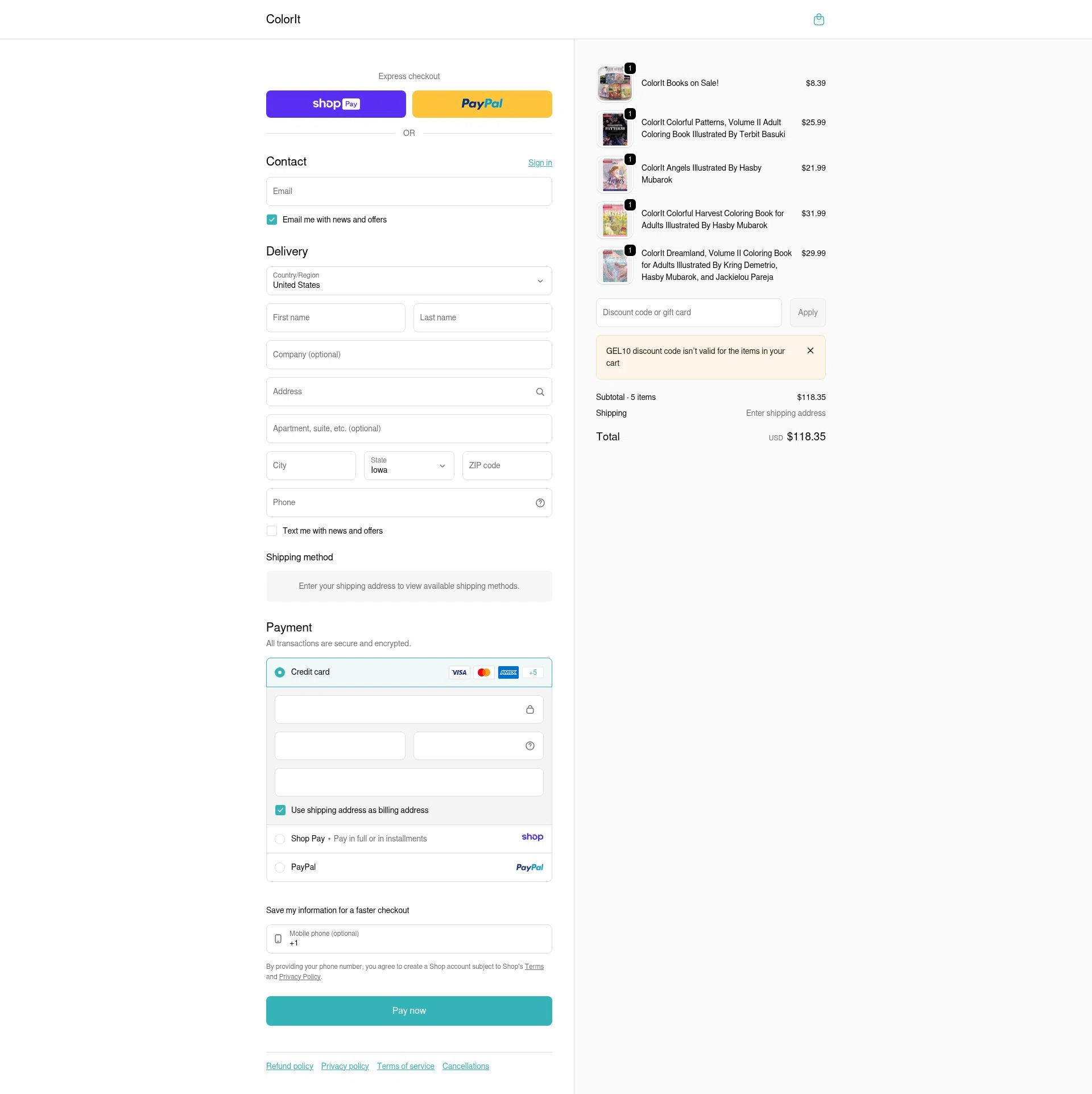 ColorIt checkout page showing ColorIt discount code box | Screenshot taken by SimplyCodes community member on Jan 11, 2026