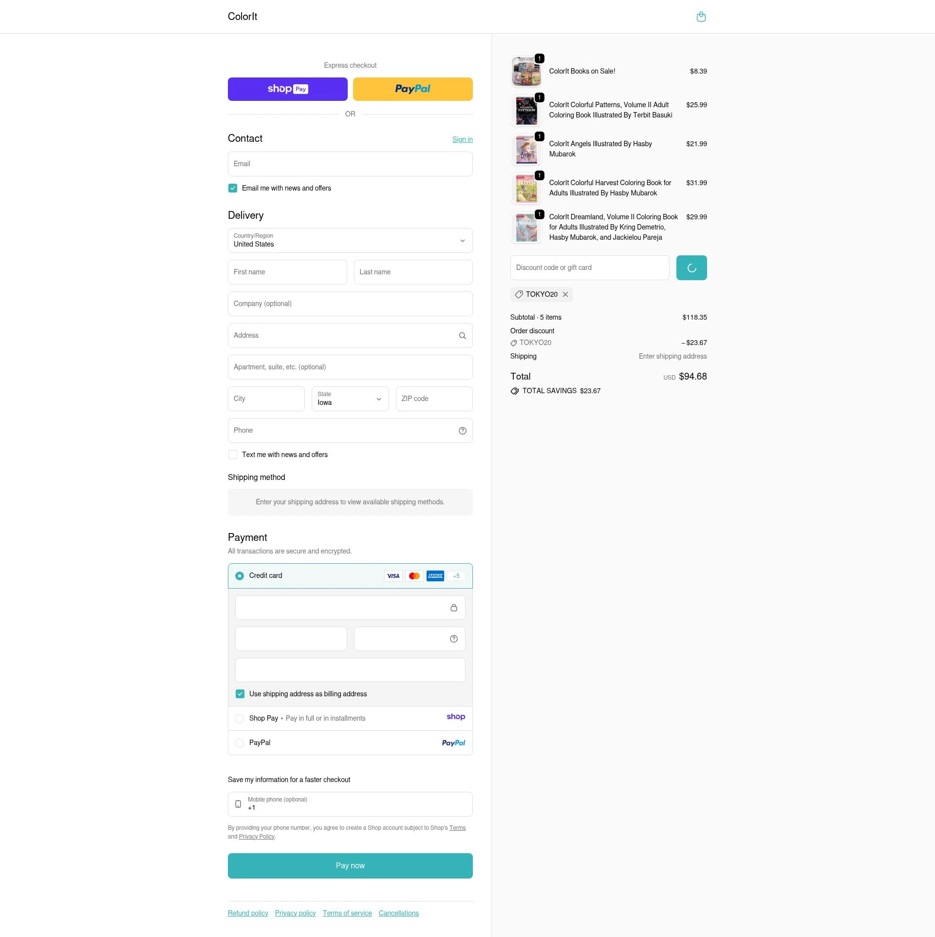 ColorIt checkout page showing ColorIt discount code box | Screenshot taken by SimplyCodes community member on Jan 11, 2026