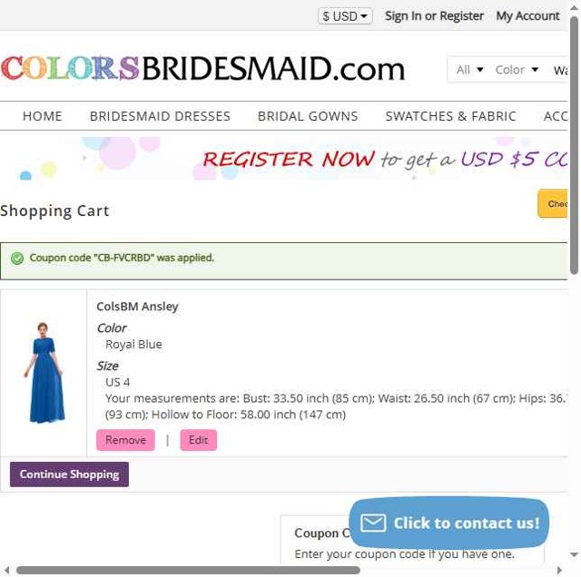 ColorsBridesmaid.com checkout page showing ColorsBridesmaid.com coupon code box | Screenshot taken by SimplyCodes community member on May 30, 2025