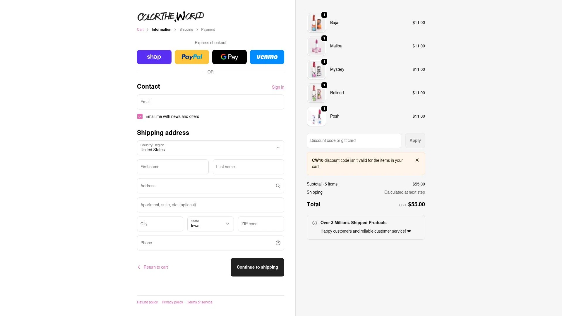 Color The World checkout page showing Color The World discount code box | Screenshot taken by SimplyCodes community member on Feb 22, 2026